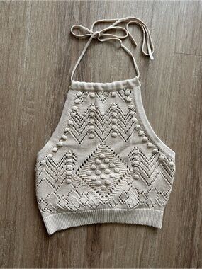 HUNTER AND BROWN | NWOT | BEIGE CROCHET HALTER TOP | SIZE MEDIUM | CROPPED